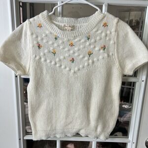 Hem & Thread Cream Embroidered Floral Popcorn Knit Sweater Fairy Cottage